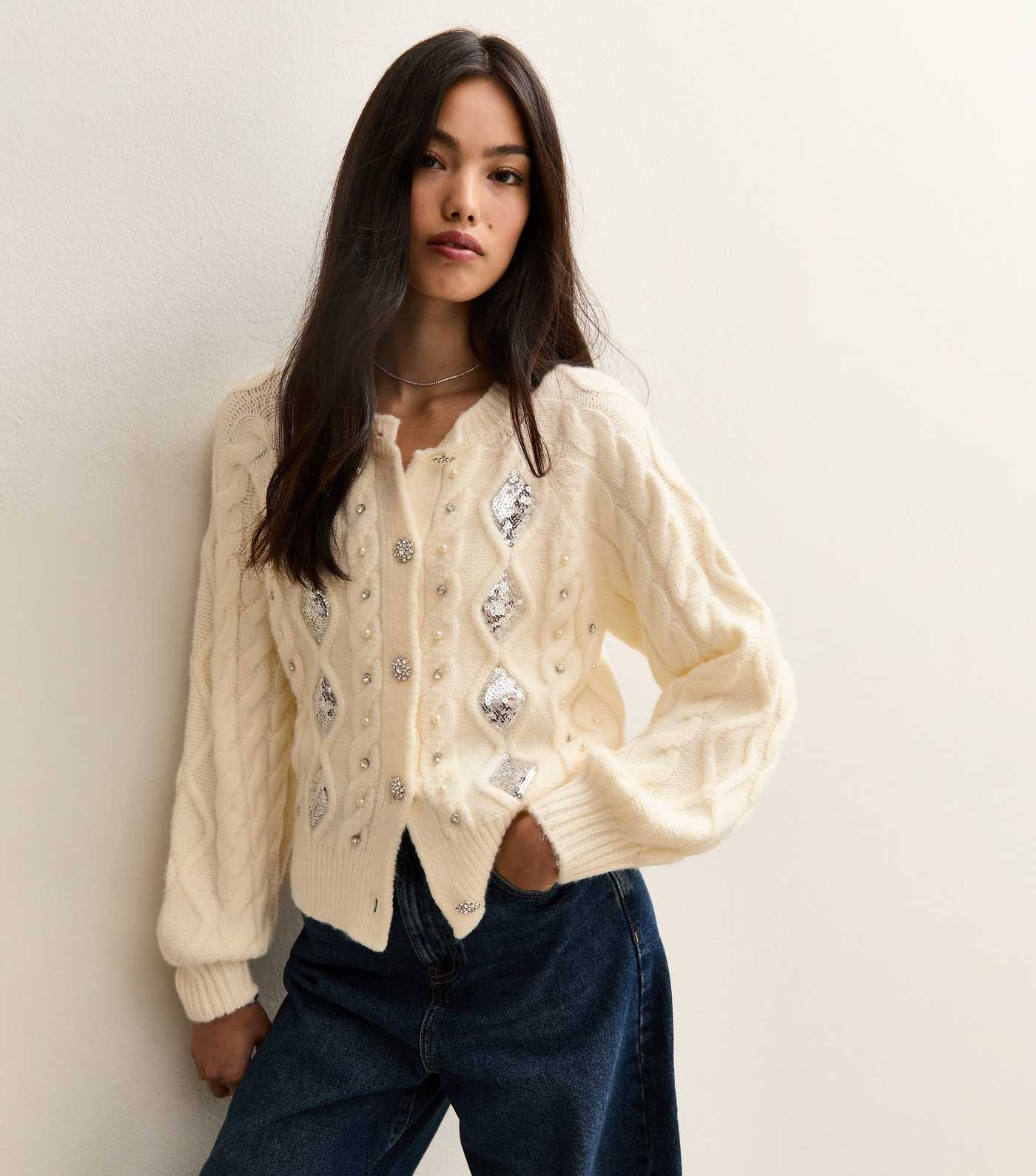 Off White Cable Knit Sequin Embellished Cardigan | New Look | New Look (UK)