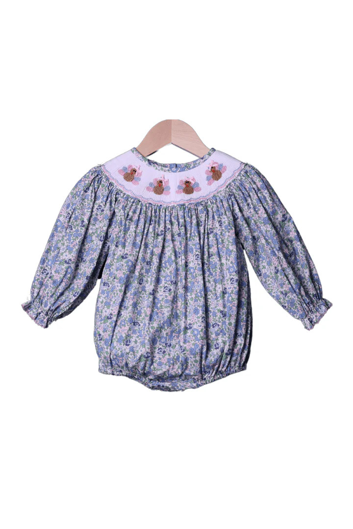 Smocked Pink and Blue Floral Turkey Bubble | The Smocked Flamingo