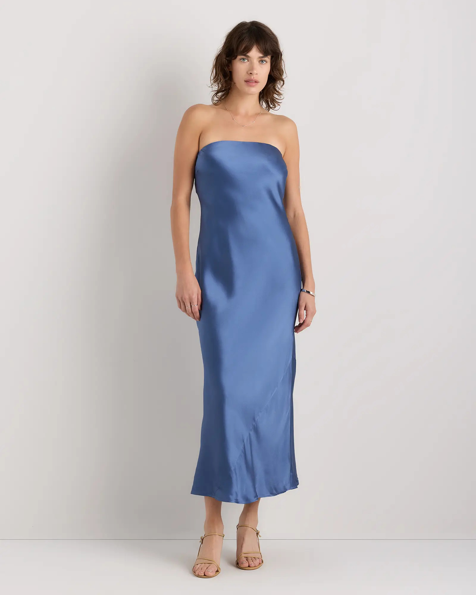 100% Washable Silk Strapless Midi Dress in Moonstone Blue | Quince