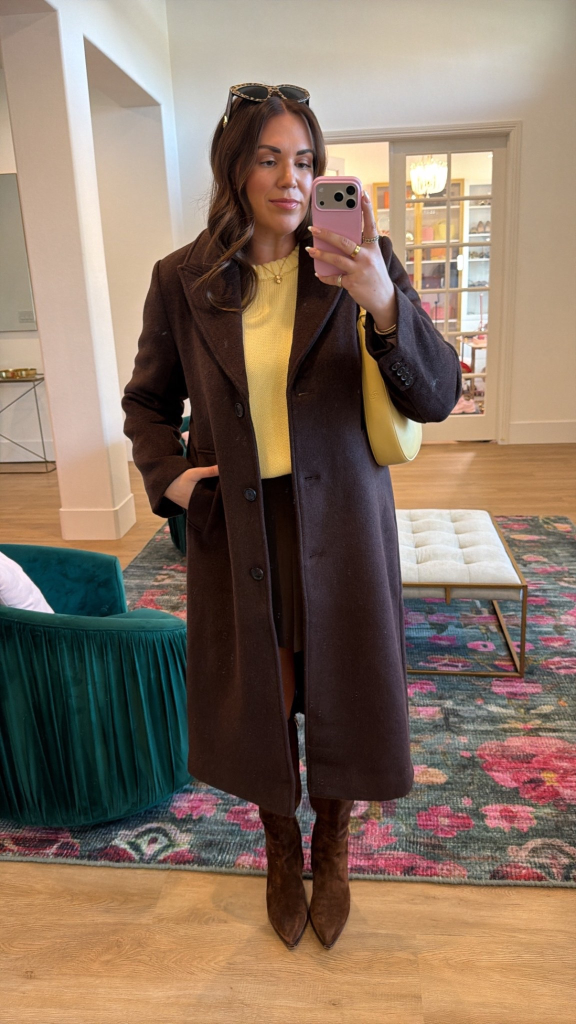curvy midsize butter yellow and chocolate brown winter outfit! wearing size large in butter yellow sweater, size large in brown skirt, and size large in brown wool coat 

#LTKFindsUnder100 #LTKMidsize #LTKSeasonal