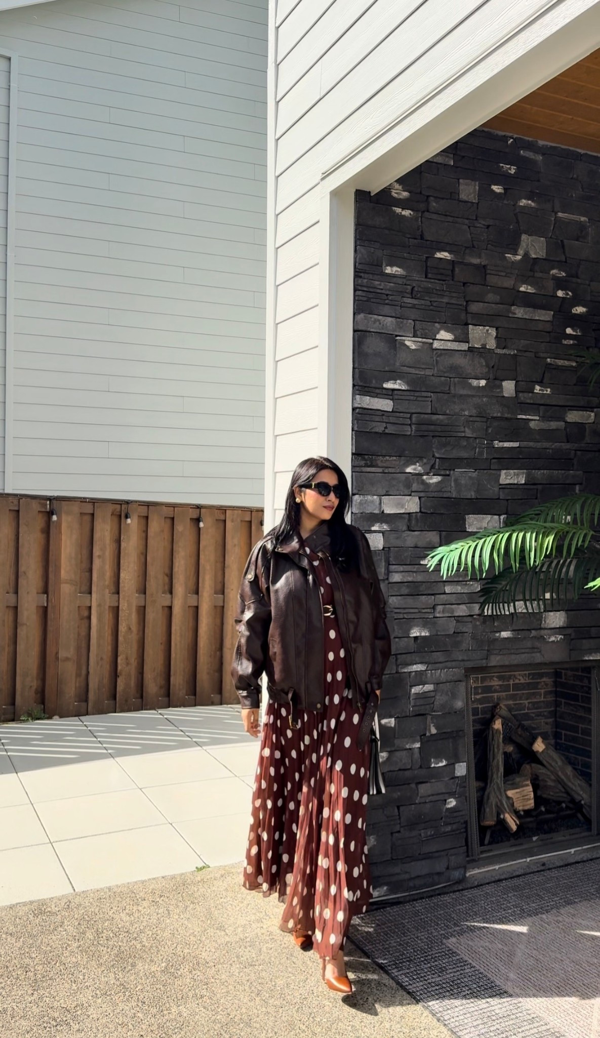 Leather jacket, polka dot dresss