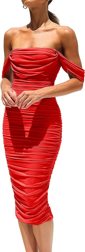 PRETTYGARDEN Summer Off The Shoulder Ruched Bodycon Dresses Sleeveless Sexy Party Club Midi Dress | Amazon (US)