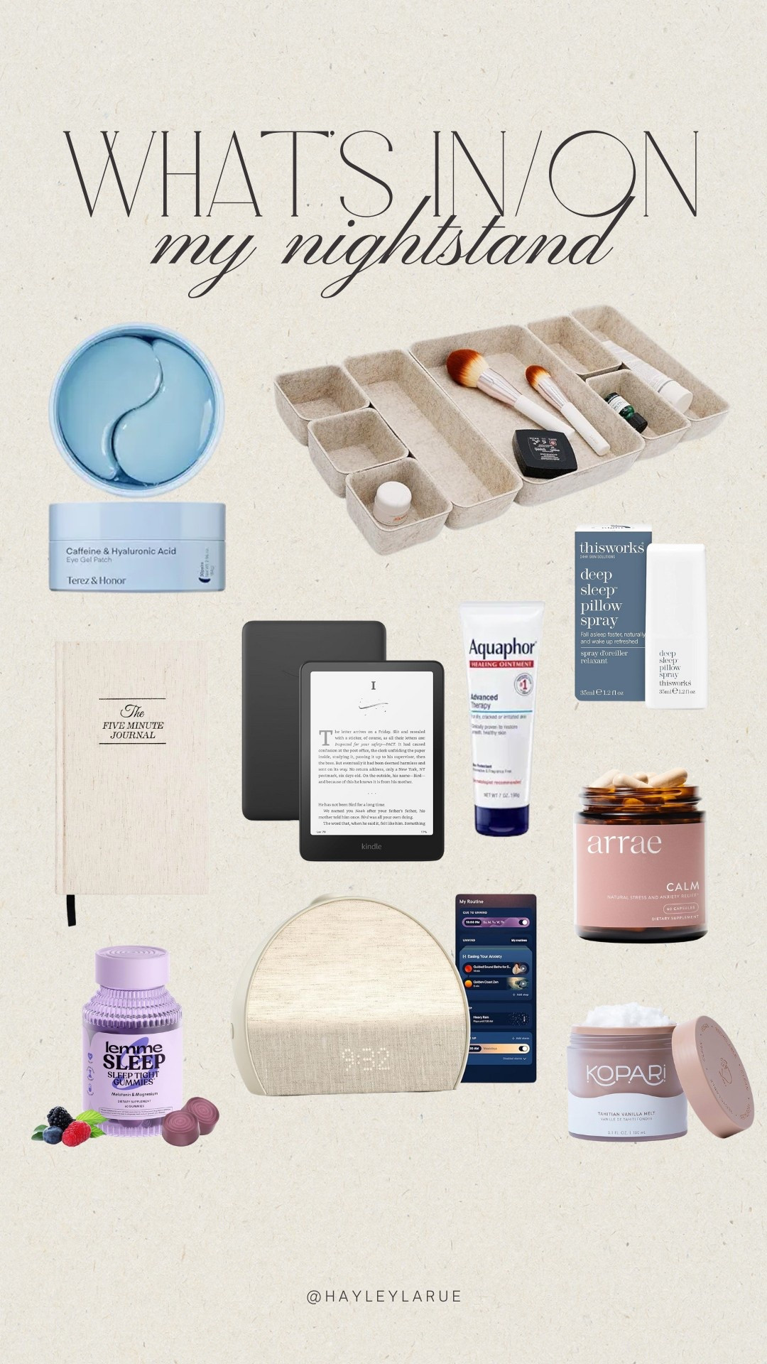 What’s in/on my nightstand • nightstand organization • amazon finds • under eye patches • hatch restore • calming supplements • aquaphor • 5 minute journal • arrae • sleep gummies

#LTKHome