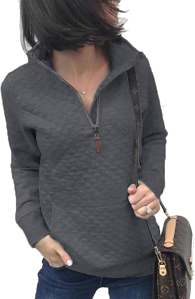Women's Fashion Quilted Pattern Long Sleeve Casual Zipper Sweatshirt Solid Color Pullover Shirt T... | Amazon (US)