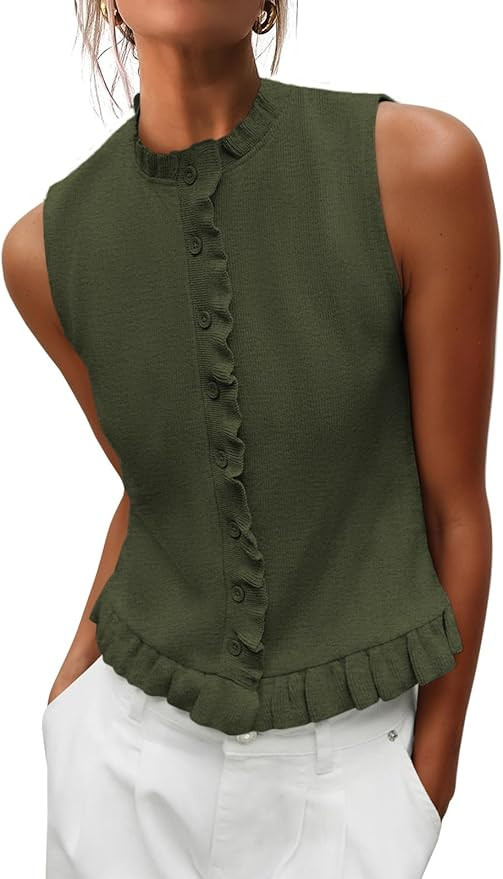 Women's Sleeveless Pleated Cardigan Summer Round Neck Sweater Casual Cute Soft Knitted Top | Amazon (US)