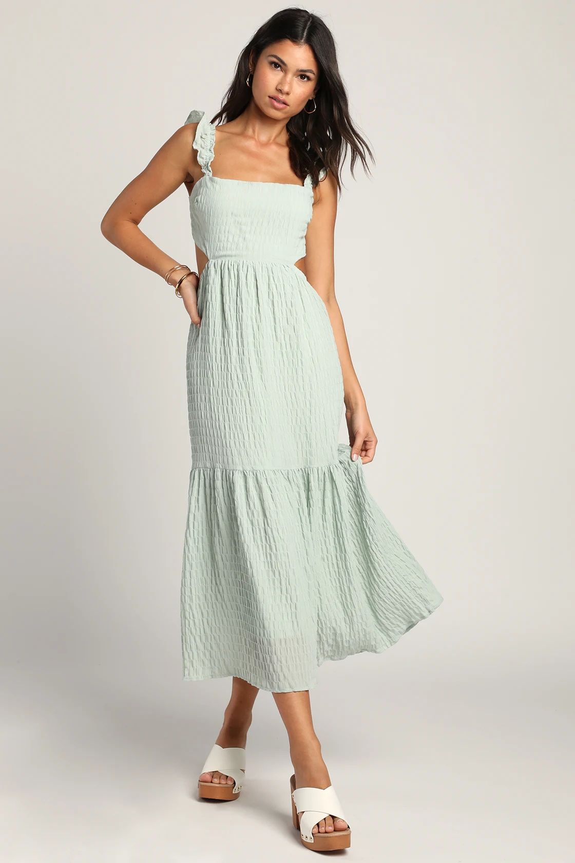 Dreamiest Darling Mint Smocked Tie-Back Tiered Midi Dress | Lulus