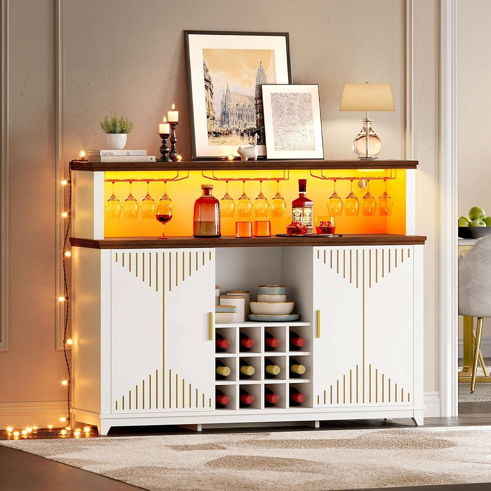 YITAHOME 55" Coffee Bar Cabinet with LED Lights & Power Outlets, Kitchen Buffet Cabinet with Door... | Amazon (US)