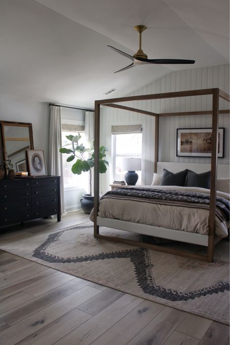 PotteryBarn bedroom makeover, vintage modern bedroom, vertical shiplap, bright and moody bedroom 