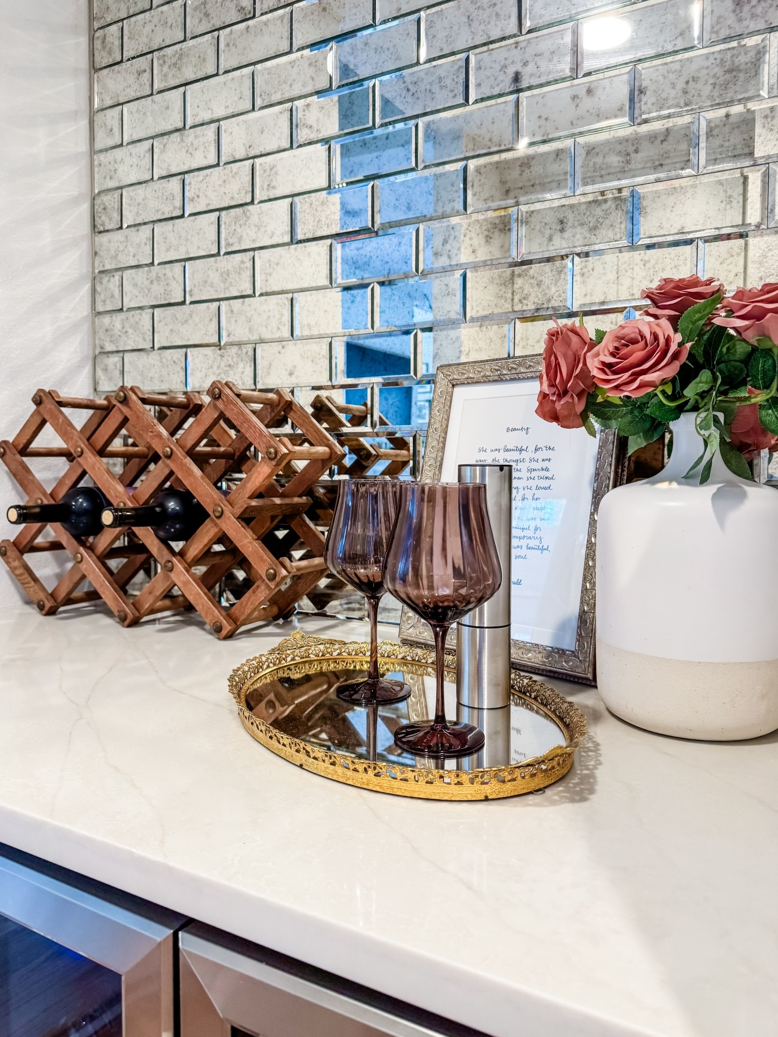 This bar isn’t even finished yet, but the backsplash makes it feel complete all on its own. The antique mirror tile catches the light beautifully and truly compliments anything styled in front of it—proof that sometimes one statement piece can carry the whole space. ✨
#backsplash #wine #kitchen