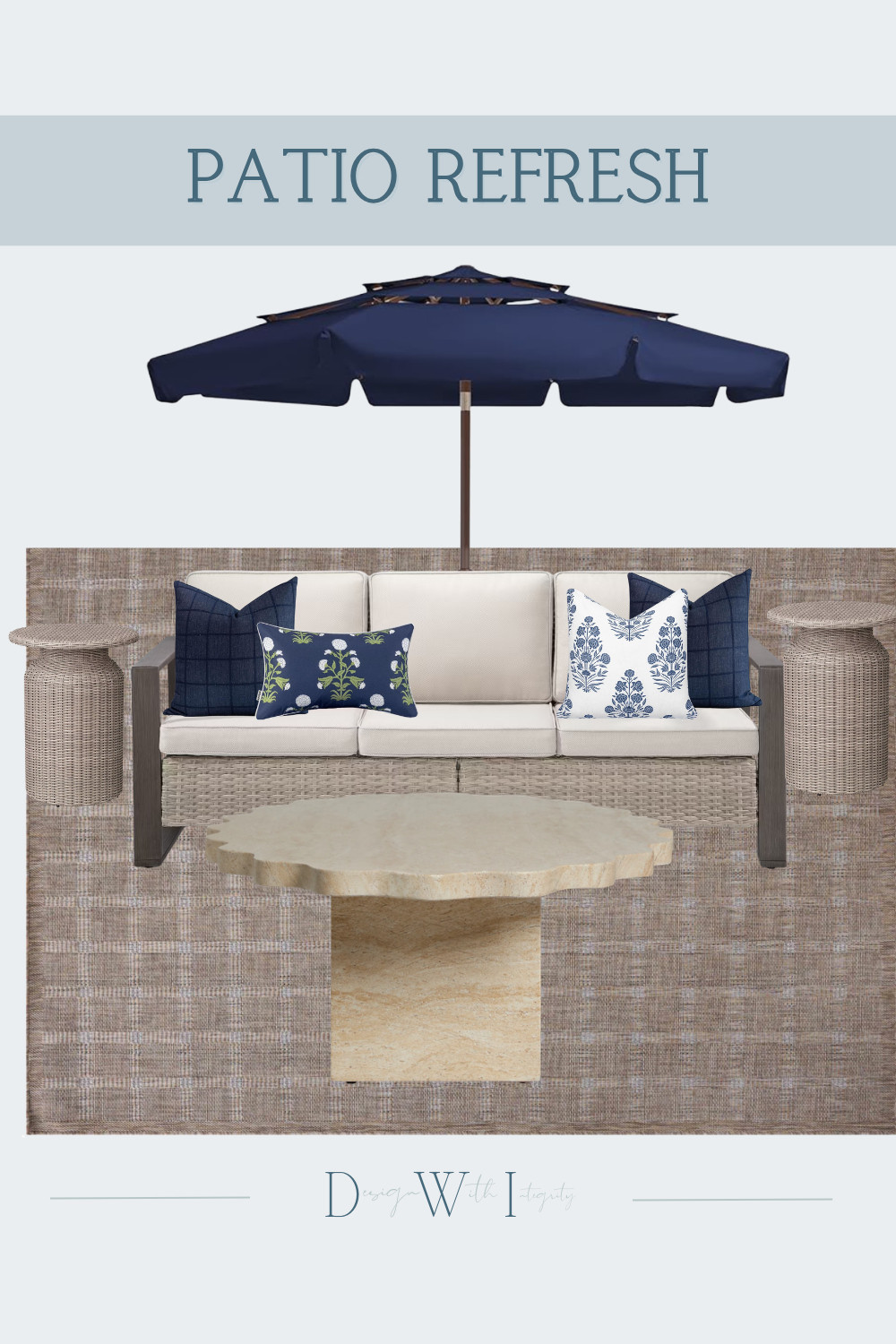 Navy always makes an outdoor space feel instantly more polished. For this patio refresh, I paired deep navy accents with warm woven textures, crisp ivory seating, and a sculptural stone inspired coffee table for a look that feels classic yet relaxed. The layered pillows bring in botanical prints and subtle pattern, while the navy umbrella ties the entire palette together and creates a beautiful focal point.

Tap through to shop the selections and recreate this timeless outdoor living look for your own patio.

#OutdoorLiving #PatioDesign #NavyDecor

patio refresh, outdoor living, navy patio decor, blue and white decor, outdoor sofa, outdoor pillows, navy outdoor pillows, botanical pillows, navy patio umbrella, woven outdoor furniture, outdoor rug, outdoor coffee table, patio styling, backyard inspiration, shop the look 

 #LTKSeasonal #LTKHome