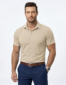 JMIERR Men's Muscle Fit High Stretch Wrinkle-Free Button Down Dress Shirts Summer Casual Short Sl... | Amazon (US)