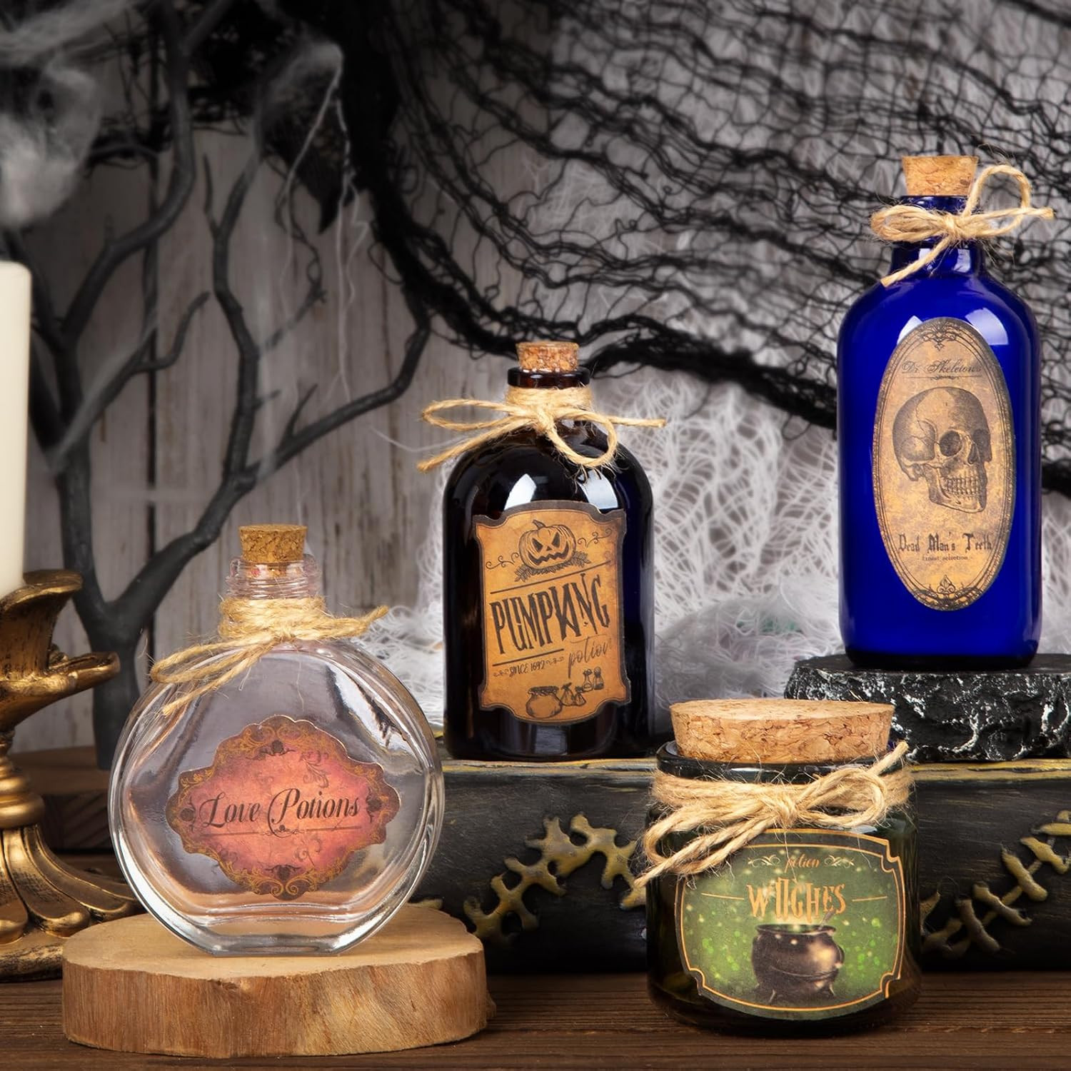 Potion Bottles Halloween Decoration, Set of 4 Glass Potion Bottles with Corks and 16 Halloween Bottle labels, Halloween Tiered Tray Decor, Halloween Decorations Indoor | Amazon (US)
