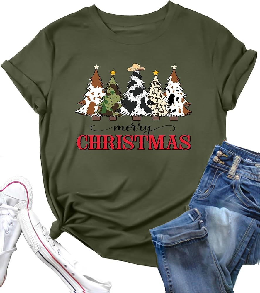 Christmas Tree Shirt for Women Merry Christmas Printed T-Shirts Short Sleeve Holiday Tee Xmas Gif... | Amazon (US)