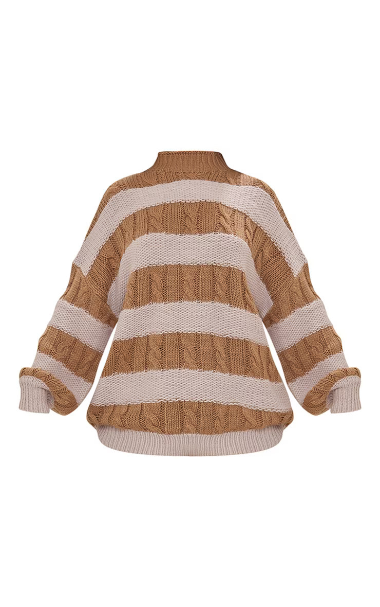 Brown Contrast Cable Knit Stripe Oversized Sweatshirt | PrettyLittleThing US