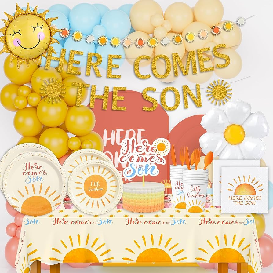 KaKan 296PCS Here Comes The Son Baby Shower Decorations,(Serves 25) Includes Balloon Garland,Here... | Amazon (US)