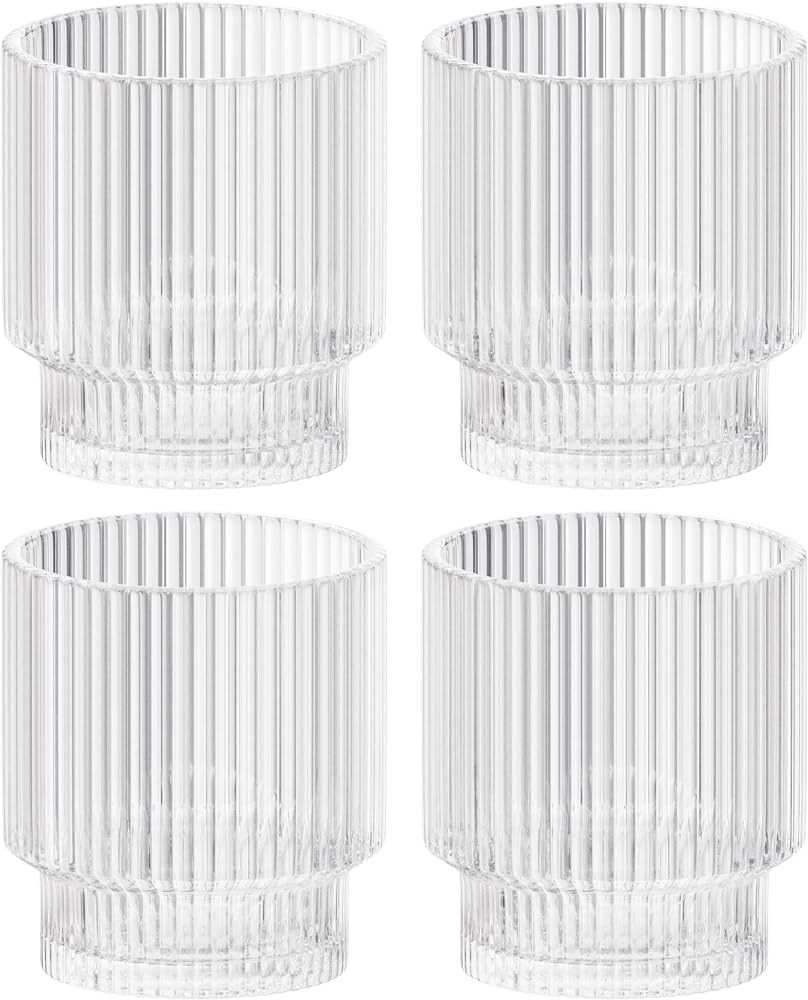 American Atelier Vintage Art Deco Fluted Drinking Glasses | Ribbed Glassware for Cocktail, Gin, Whiskey, & More | Modern Glassware | Lowball Fluted Cocktail Glasses | Set of 4 | 9 Oz (Clear) | Amazon (US)