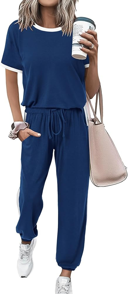 MASCOMODA Womens 2 Piece Outfits 2025 Summer Tracksuit Sets Short Sleeve Tops Travel Long Pants J... | Amazon (US)