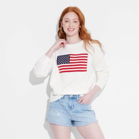 This is such a good designer dupe! Memorial Day, Memorial Day outfit, flag sweater, flag shirt, American flag sweater, Americana, patriotic shirt, Fourth of July outfit. Callie Glass 

#LTKFindsUnder50 #LTKTravel #LTKSeasonal