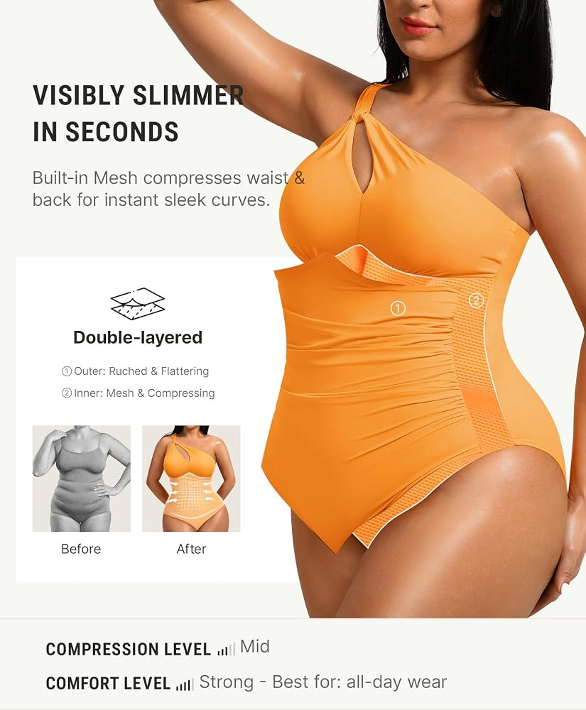 FeelinGirl Women Tummy Control One Shoulder One Piece Shapewear Swimsuit | Amazon (US)
