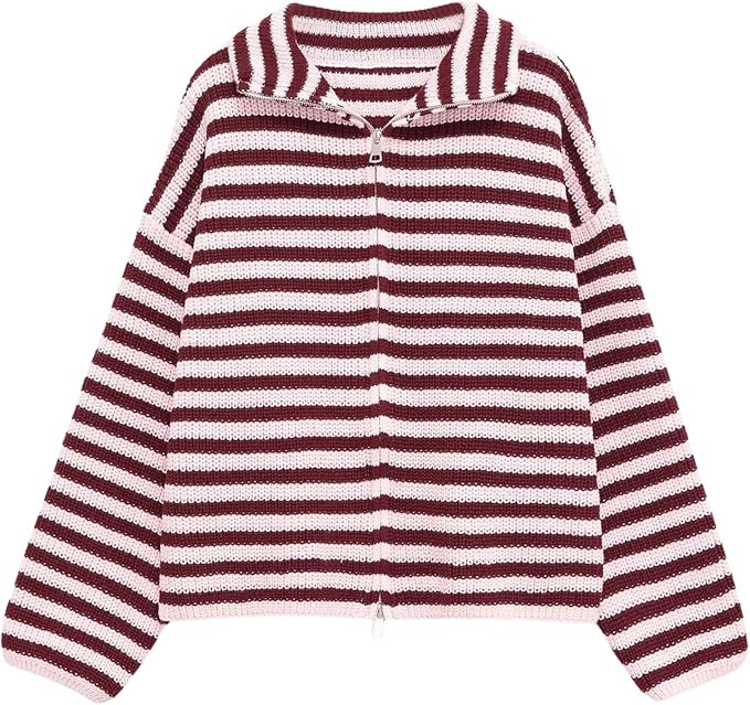 Chevara Women’s Striped Knitted Cardigan Y2K Long Sleeve Zip Up Lapel Color Block Sweater Coat | Amazon (US)