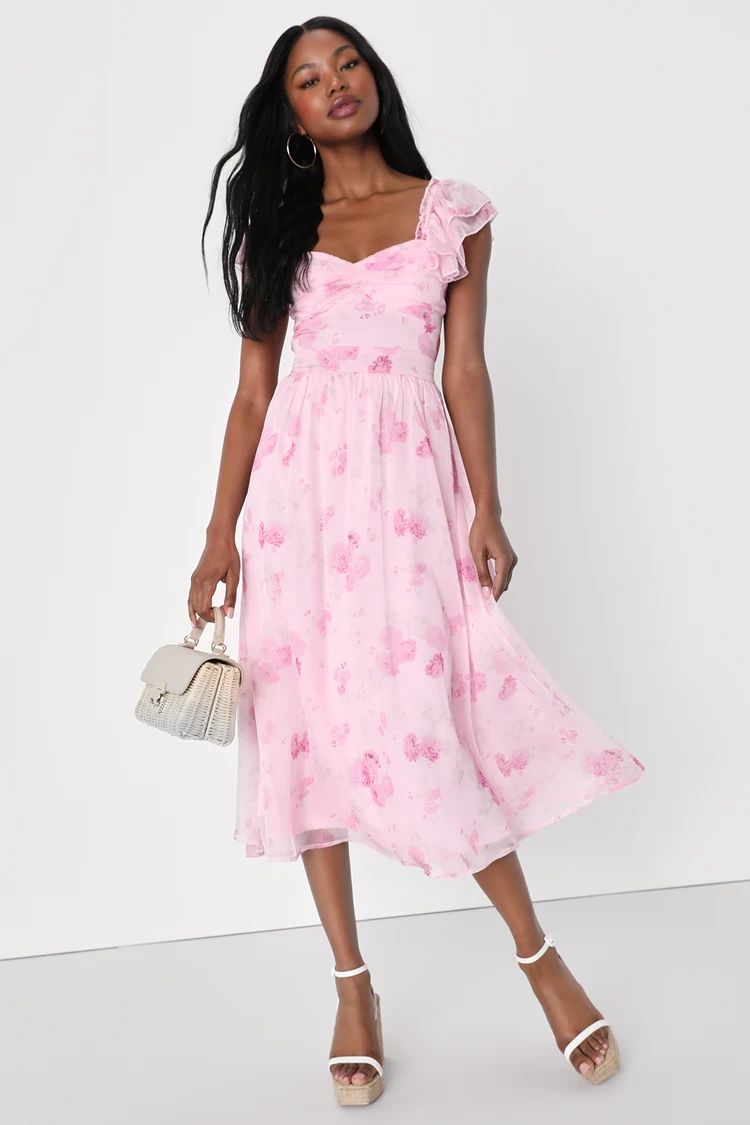 Loveliest Darling Light Pink Floral Ruffled Tie-Back Midi Dress | Lulus