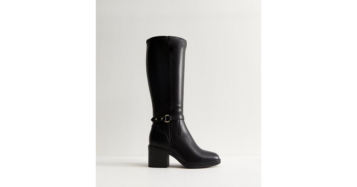 Wide Fit Black Faux Leather Block Heel Knee High Boots. | New Look | New Look (UK)