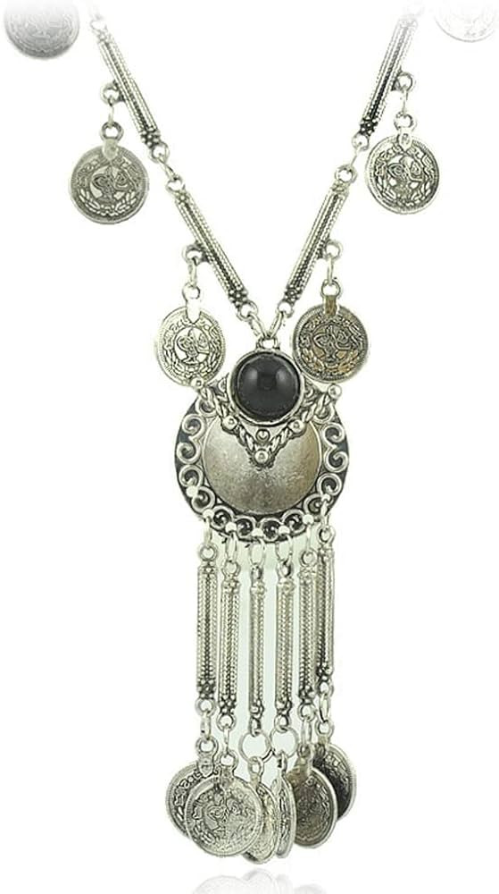 Ymqewq Kenfery Bohemian Engraved Coin Tassel Necklace Retro Gothic Black Gemstone Carving Geometr... | Amazon (US)