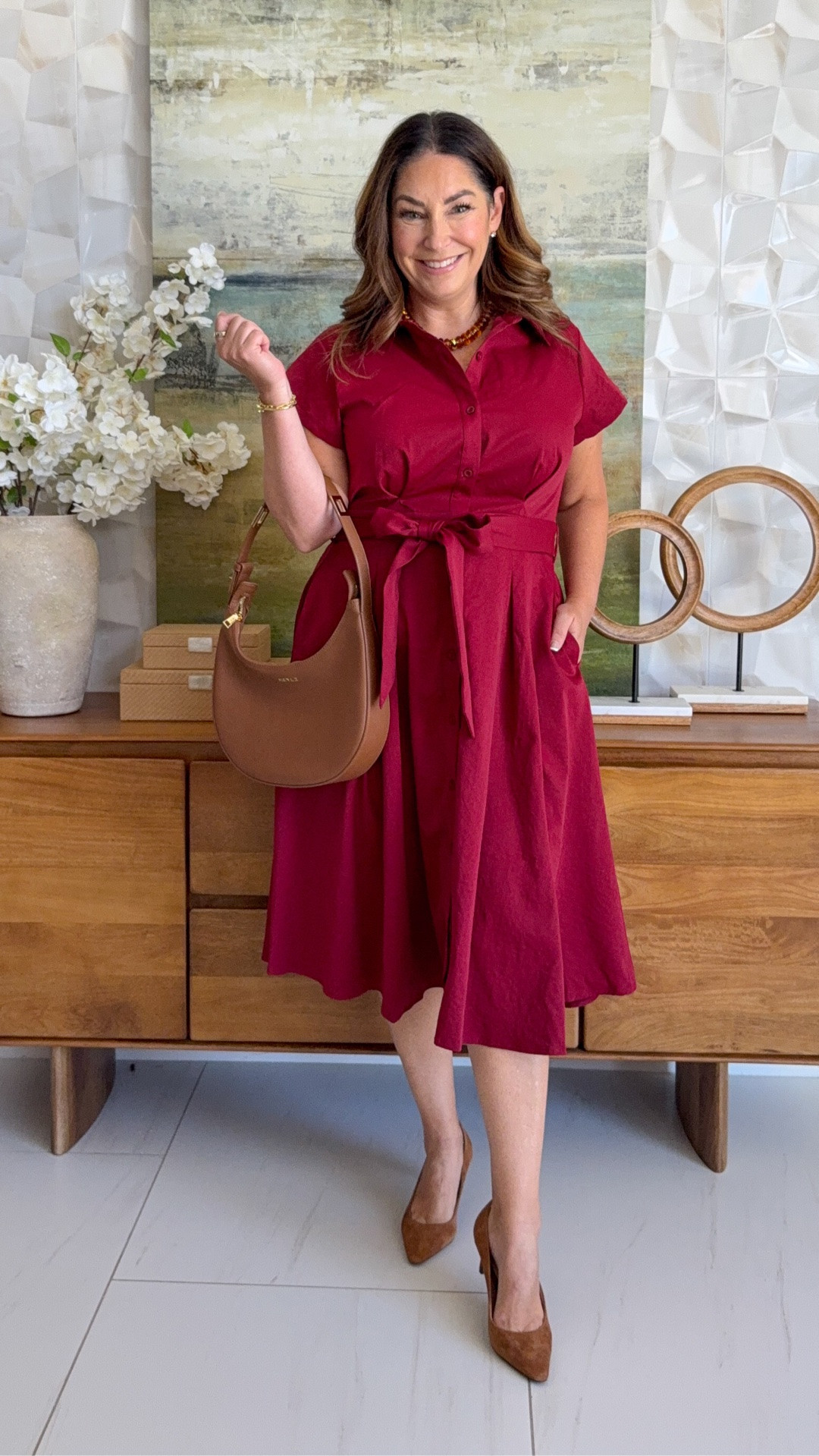 Fall shirt dress you'll live in 🍷 Wine burgundy short-sleeve midi shirt dress with a tie waist and pockets, styled with a cognac shoulder bag and brown suede pumps. A polished teacher outfit and workwear dress. 

Sizing: true to size, large 

 #LTKstyletip

#LTKWorkwear #LTKOver40 #LTKOver40 #LTKMidsize #LTKWorkwear