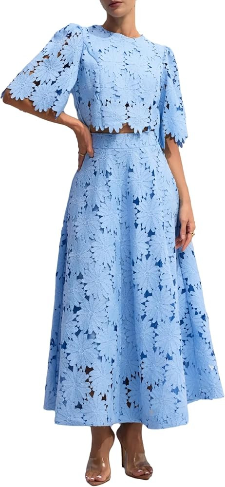 NIFTRIRY Two Piece Sets for Women Dressy Solid Color Embroidered Short Sleeve Crop Top and Maxi S... | Amazon (US)