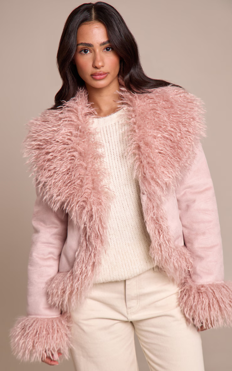 Petite Pink Faux Suede Fur Trim Afghan Coat | PrettyLittleThing US
