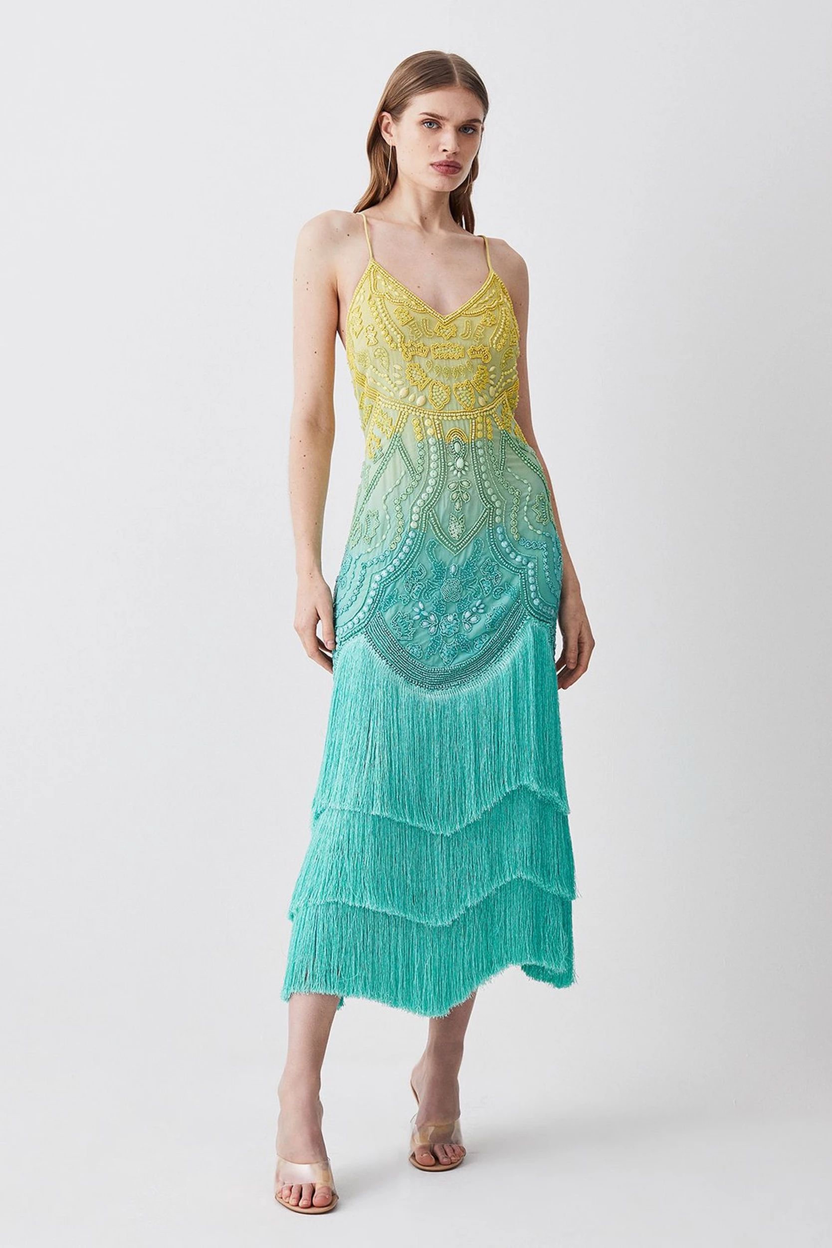 Ombre Fringe Woven Midi Dress | Karen Millen US