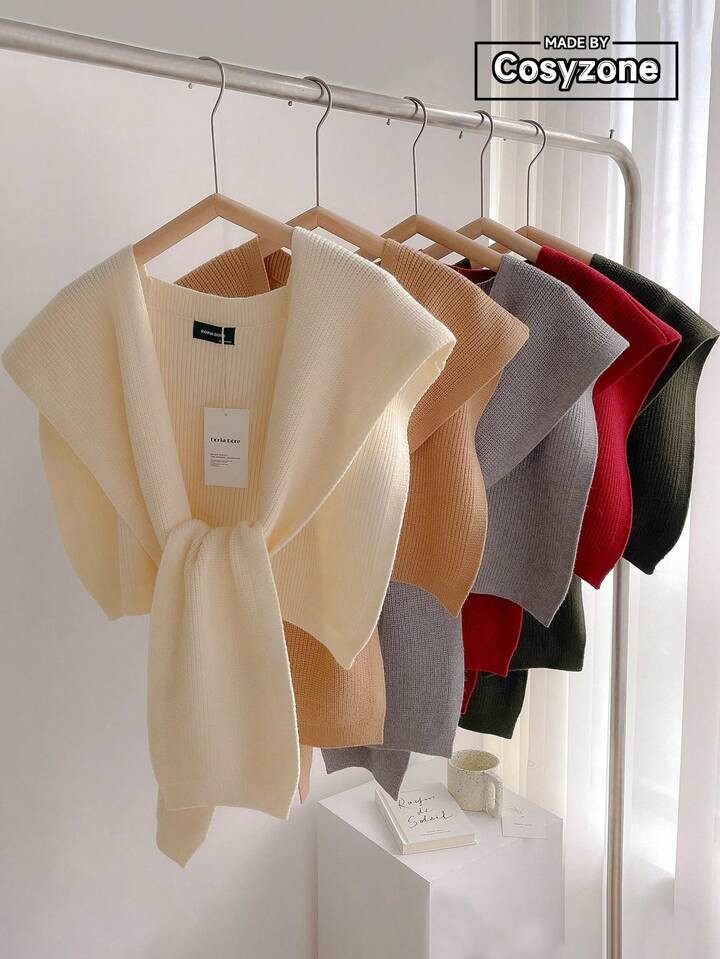 1pc Solid Color Knitted Woolen Shawl With Detachable Faux Collar, Fashionable Cape For Women To C... | SHEIN