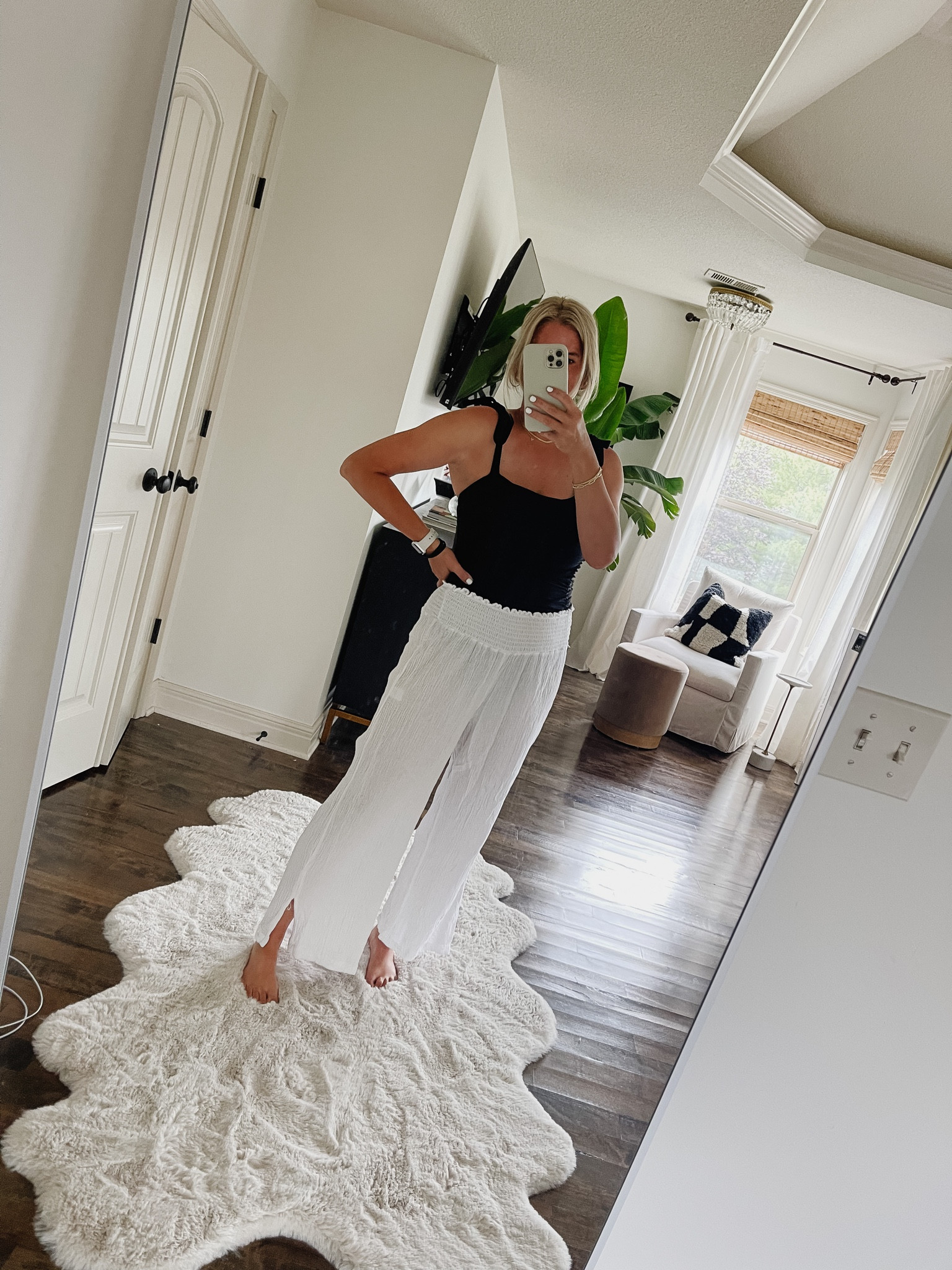 Swimsuit, pool pool, beach look, white beach pants, black one-piece swim

#LTKunder50 #LTKswim