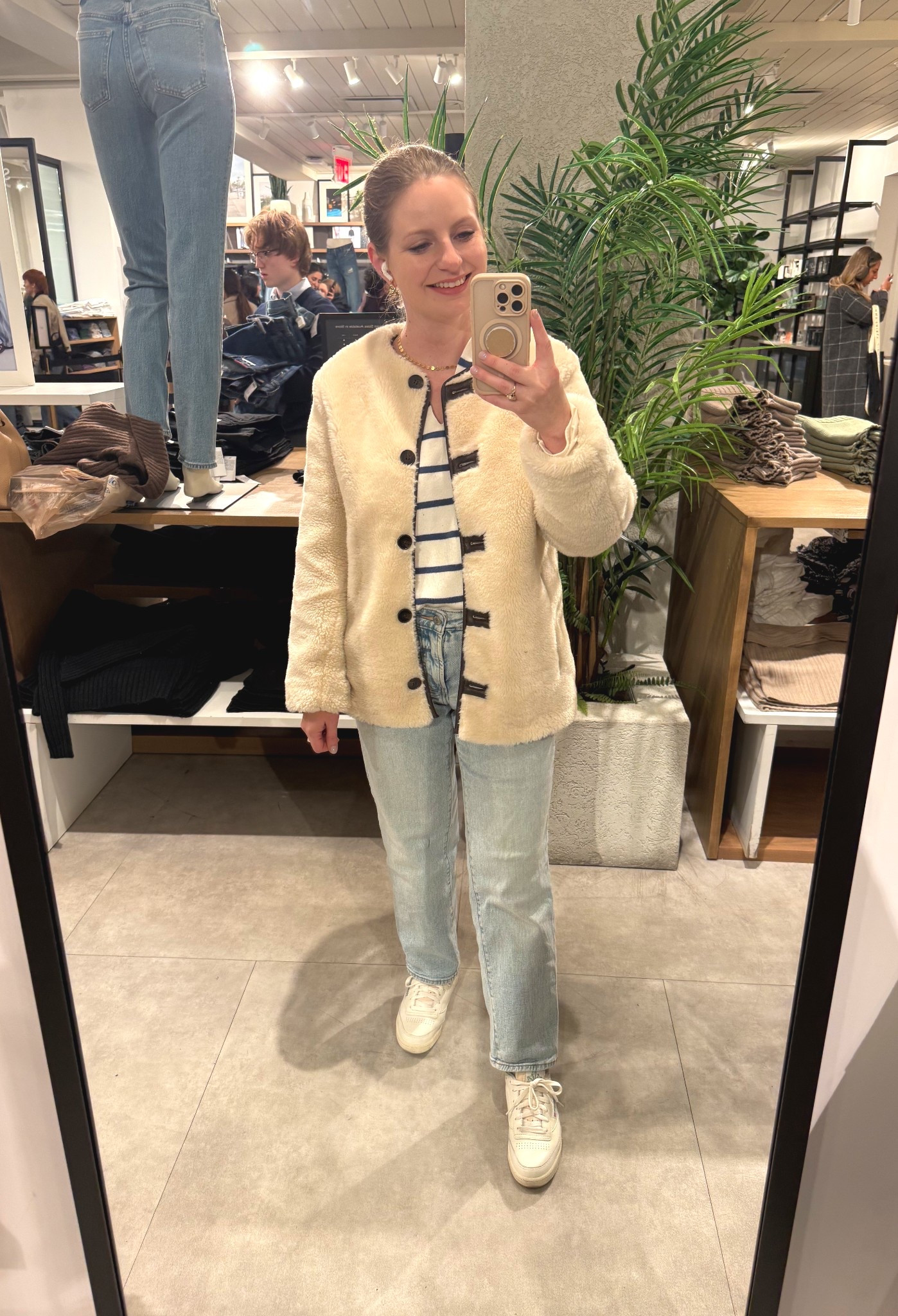 Casual Saturday outfit! In love with this shearling coat under $60. These Old Navy jeans are also a perfect staple for your closet—loose but not overly baggy. Wearing a XS in the coat and 26 in jeans. 

#LTKSeasonal #LTKootd #LTKFindsUnder100