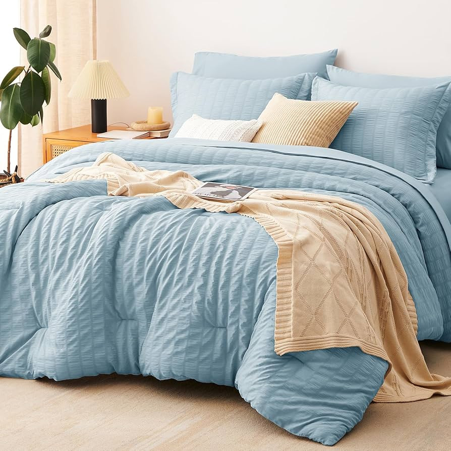 CozyLux Queen Comforter Set Light Blue Seersucker 7 Pieces Bed in a Bag Queen Comforter Set with ... | Amazon (US)