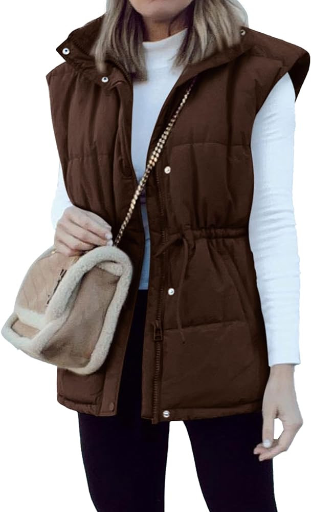 BTFBM Women's Casual Outerwear Vest Button Down Zip Up Padded Gilet Drawstring Sleeveless Jackets... | Amazon (US)