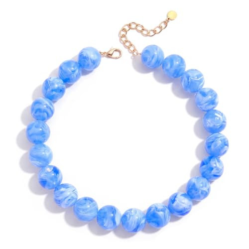 Forgreafa Sky Blue Marble Chunky Beaded Necklace for Women White Swirl Resin Boho Collar Statement Necklace 20mm Large Round Bead Choker Unique Artistic Pattern Adjustable Layering Summer Beach Jewelry Gift | Amazon (US)