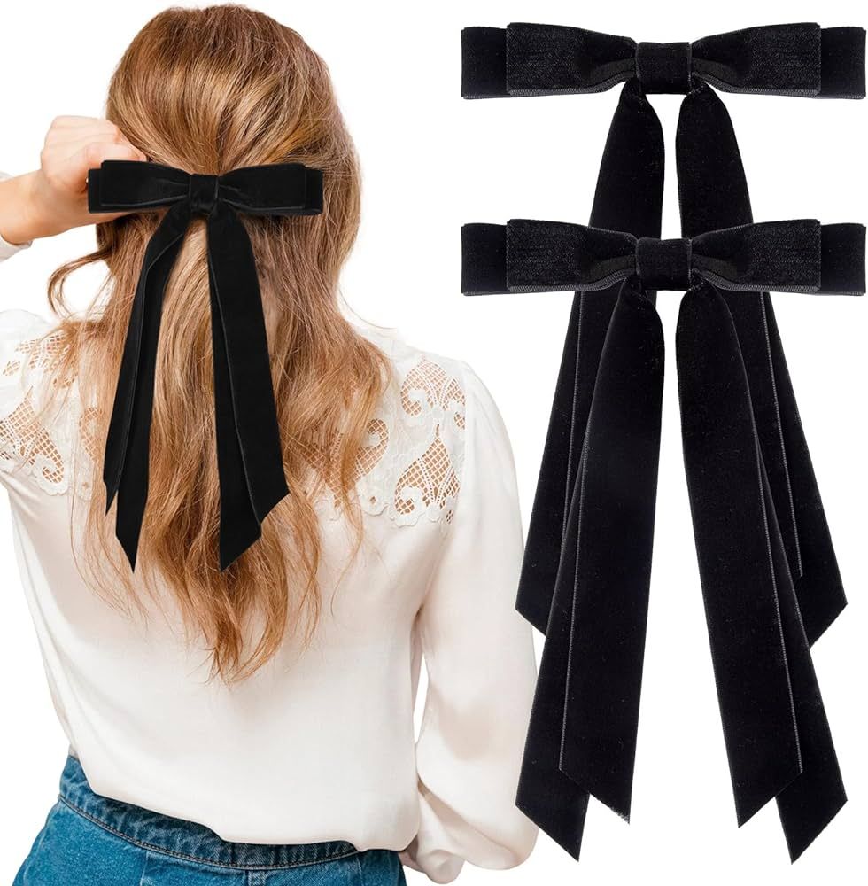 2PCS Velvet Hair Bows Ribbon Hair Clip Black Accessories Ponytail Holder Accessories Slides Metal... | Amazon (US)