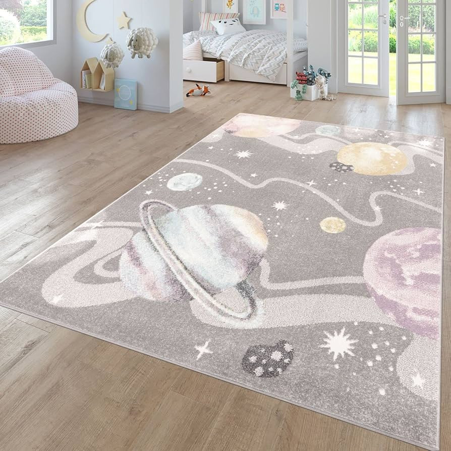 Paco Home Kids Rug Space Universe with Planets and Stars in Grey, Size: 3'11" x 5'3" | Amazon (US)