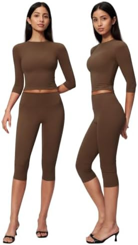 Women 2 Piece Workout Set 3/4 Sleeve Tops and High Waist Active Wide Leg Capri Pants Yoga Outfits | Amazon (US)
