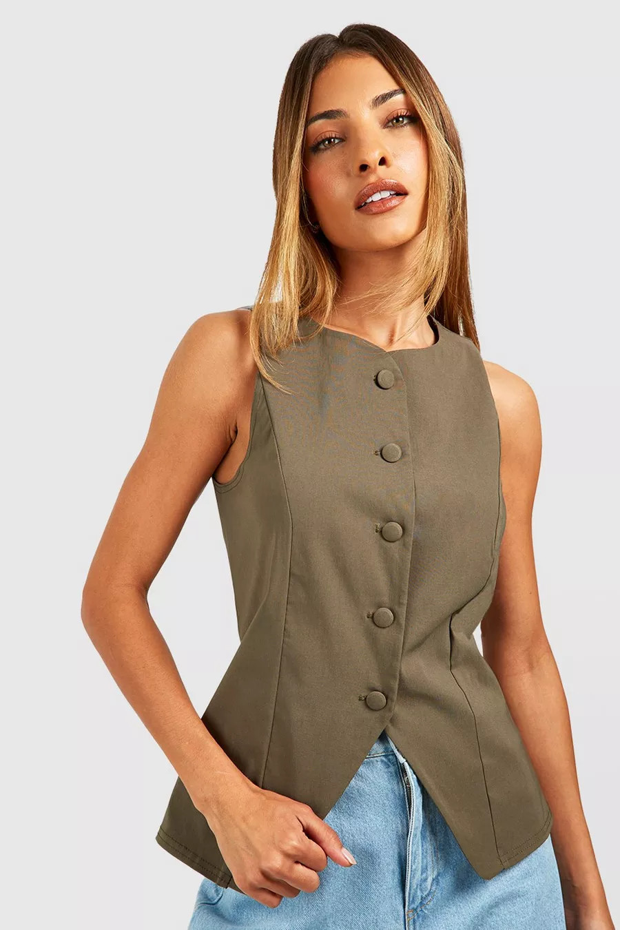 Khaki Self Fabric Button Front Waistcoat | Boohoo.com (UK & IE)