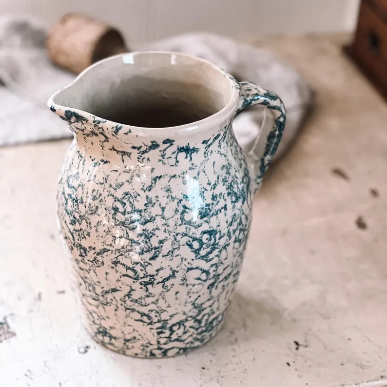 Spongeware Pitcher Blue Spongeware Stoneware Pottery Pitcher RRP Roseville Blue Spongeware Farmho... | Etsy (US)