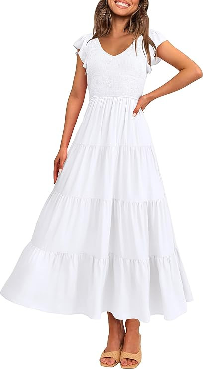 PRETTYGARDEN Women's Summer Flowy Maxi Dress Casual Cap Sleeve V Neck Smocked Beach Sundress | Amazon (US)