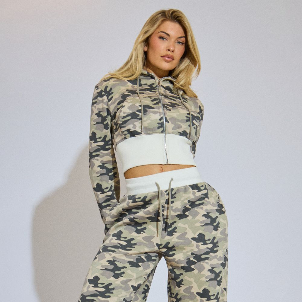 Cinched Waist Zip Up Jacket In Green Camo Print | EGO (UK)