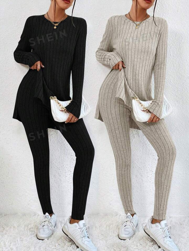 2pcs Split Hem Tee & 2pcs Leggings | SHEIN