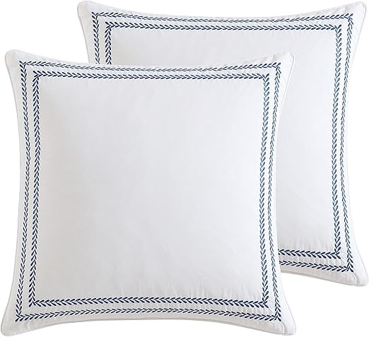Laura Ashley Cotton 2 Piece Pillow Sham Set, Farmhouse Home Décor, Euro, Stitched Vine Blue | Amazon (US)