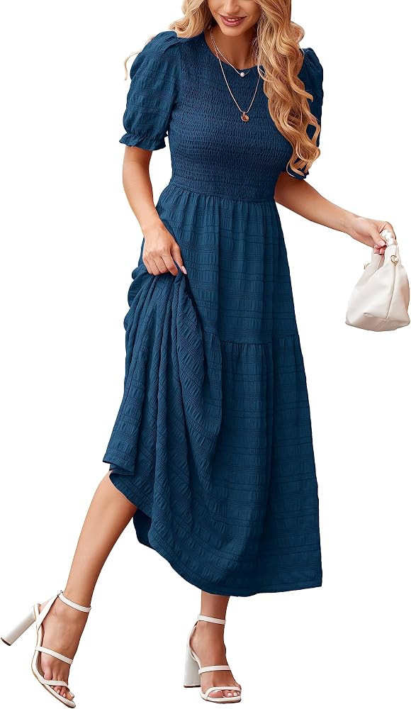 dowerme Womens Summer Dresses 2026 Casual Puff Short Sleeve Crewneck Smocked Flowy Ruffle Boho Be... | Amazon (US)