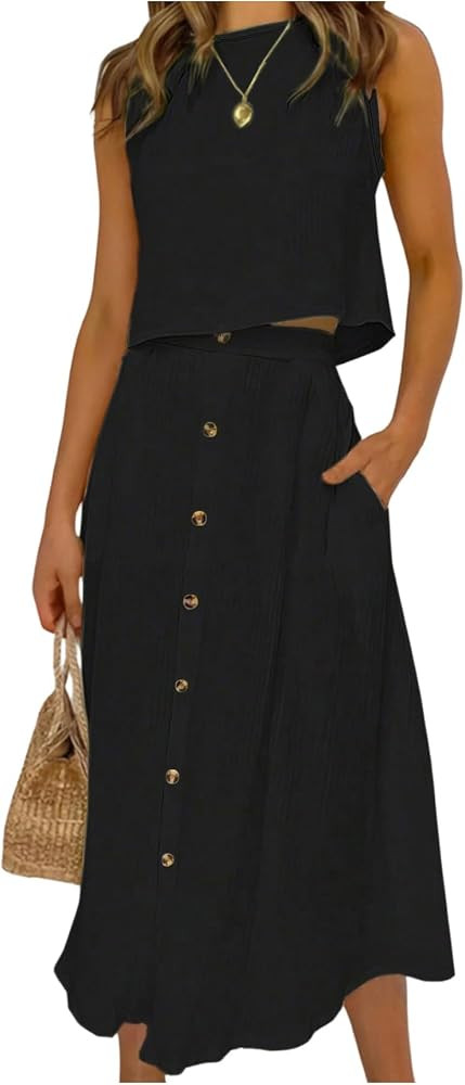 SOLY HUX Women's 2 Piece Skirt Sets Sleeveless Tank Tops and Button Front Skirt Summer Vacation O... | Amazon (US)