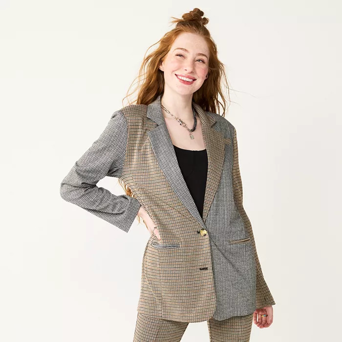 Juniors' SO® Oversized Mixed Plaid Blazer | Kohls | Kohl's
