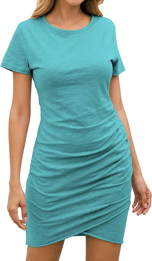 BTFBM Women's 2021 Casual Crew Neck Short Sleeve Ruched Stretchy Bodycon T Shirt Short Mini Dress | Amazon (US)